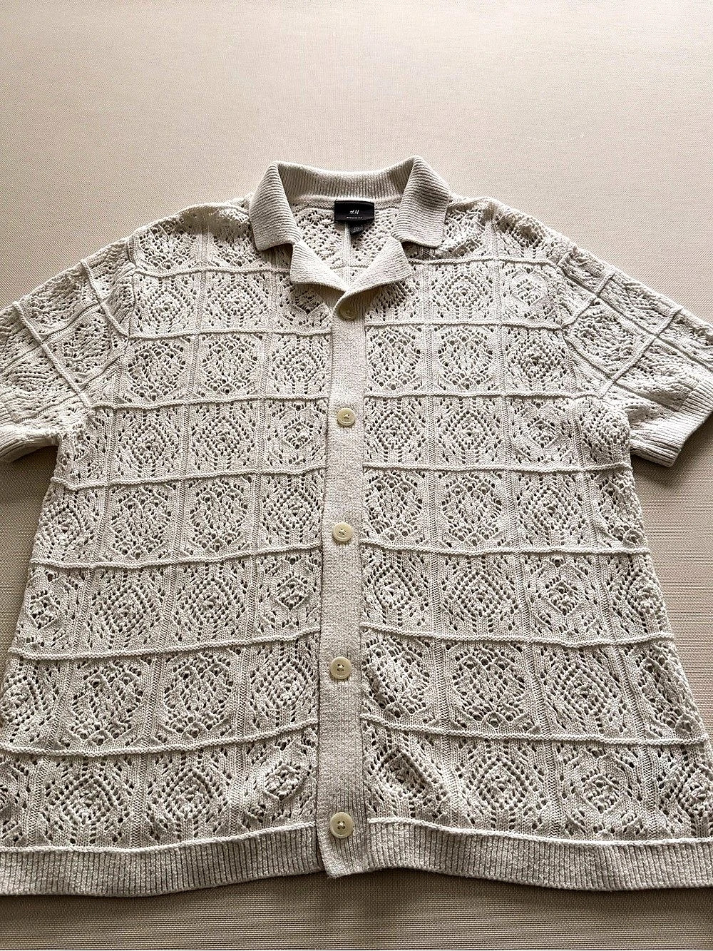 H&M Men's L White Solid Knit Cotton Short Sleeve Regular Fit Button-Up Shirt